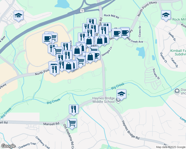 map of restaurants, bars, coffee shops, grocery stores, and more near 3102 Jameson Pass in Alpharetta