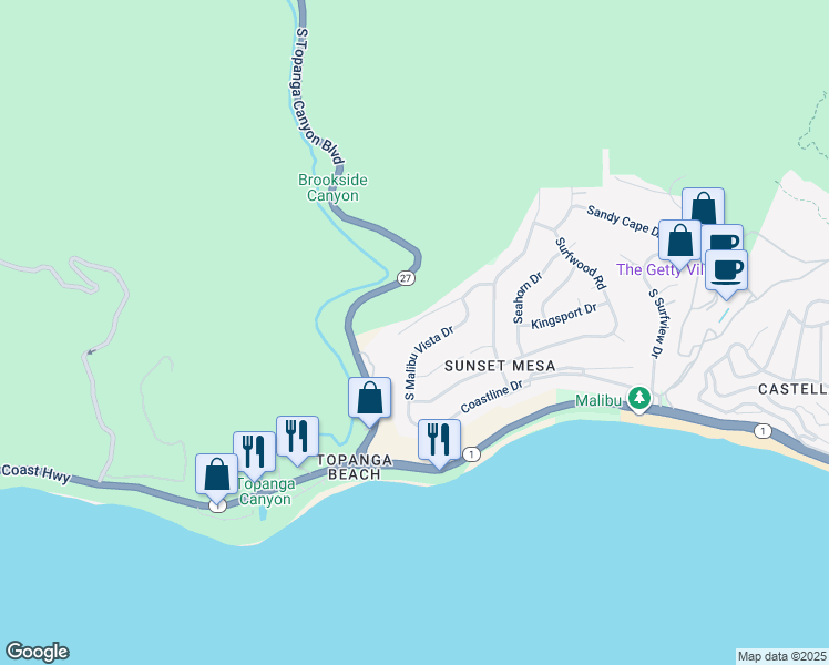 map of restaurants, bars, coffee shops, grocery stores, and more near 18440 West Clifftop Way in Malibu