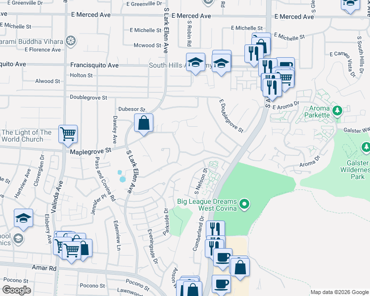 map of restaurants, bars, coffee shops, grocery stores, and more near 1506 East Newcrest Drive in West Covina