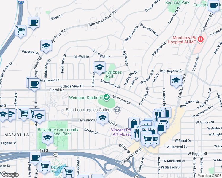 map of restaurants, bars, coffee shops, grocery stores, and more near 1541 College View Drive in Monterey Park