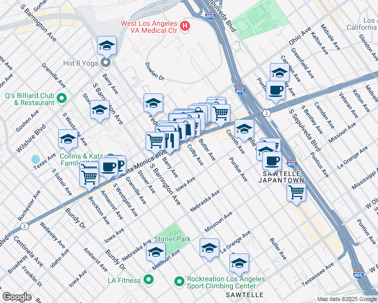 map of restaurants, bars, coffee shops, grocery stores, and more near 1652 Colby Avenue in Los Angeles