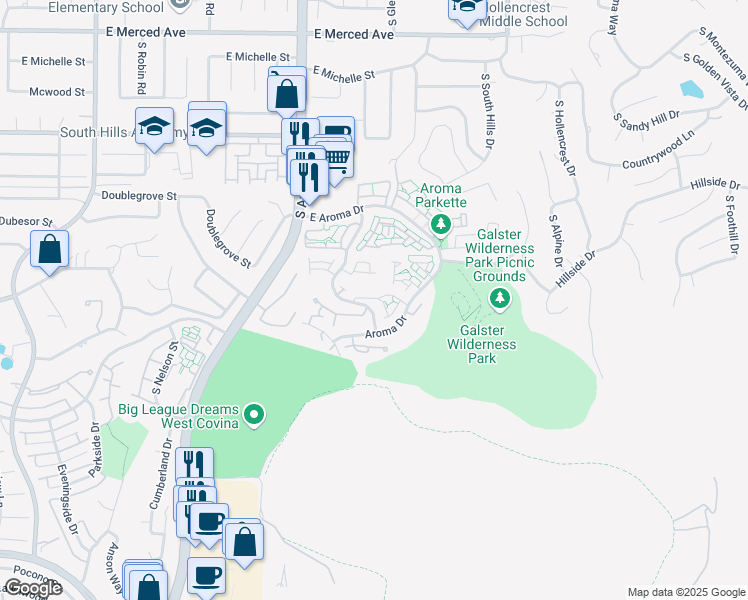 map of restaurants, bars, coffee shops, grocery stores, and more near 1915 Cherokee Street in West Covina