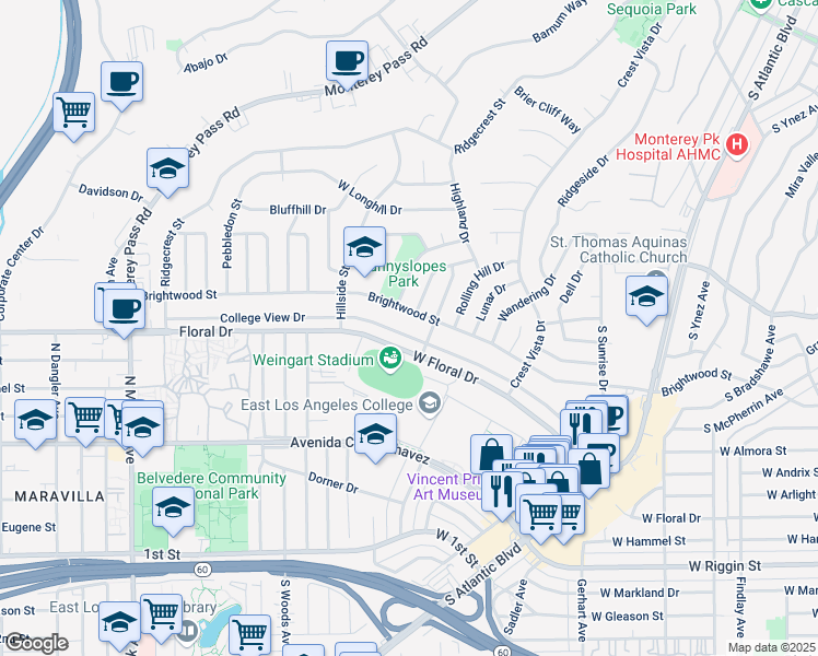 map of restaurants, bars, coffee shops, grocery stores, and more near 1541 College View Drive in Monterey Park