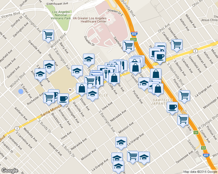 map of restaurants, bars, coffee shops, grocery stores, and more near 1619 Colby Avenue in Los Angeles