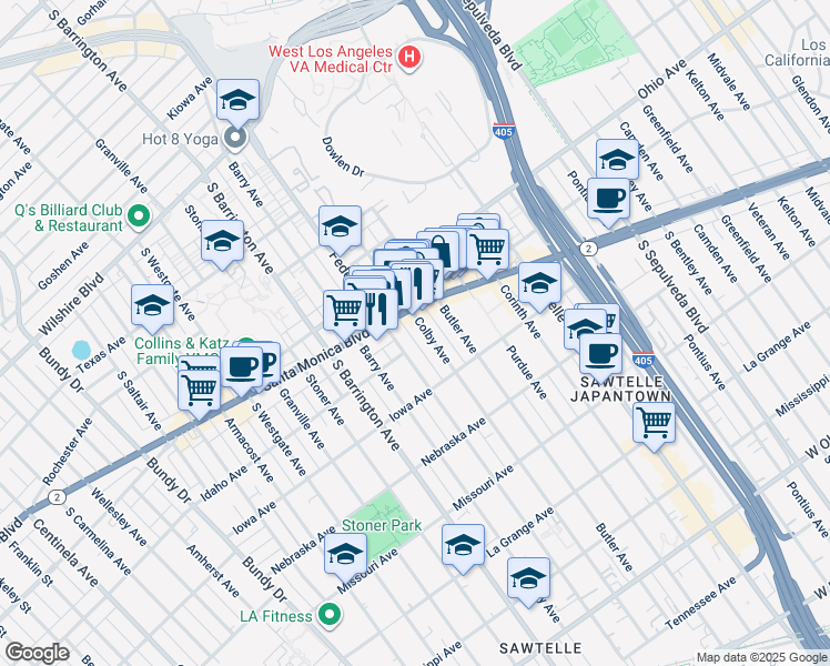 map of restaurants, bars, coffee shops, grocery stores, and more near 1619 Colby Avenue in Los Angeles