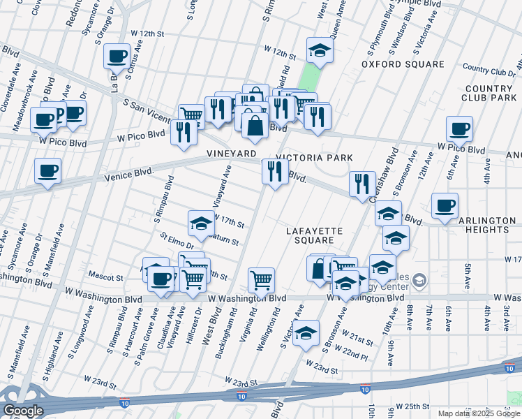 map of restaurants, bars, coffee shops, grocery stores, and more near 1646 West Boulevard in Los Angeles