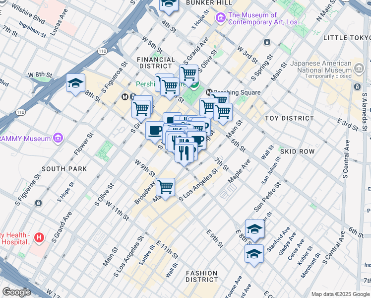 map of restaurants, bars, coffee shops, grocery stores, and more near 742 South Broadway in Los Angeles