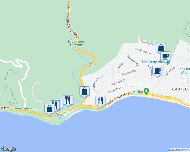 map of restaurants, bars, coffee shops, grocery stores, and more near 18440 West Clifftop Way in Malibu