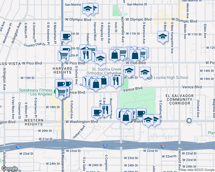 map of restaurants, bars, coffee shops, grocery stores, and more near 2055 Venice Boulevard in Los Angeles