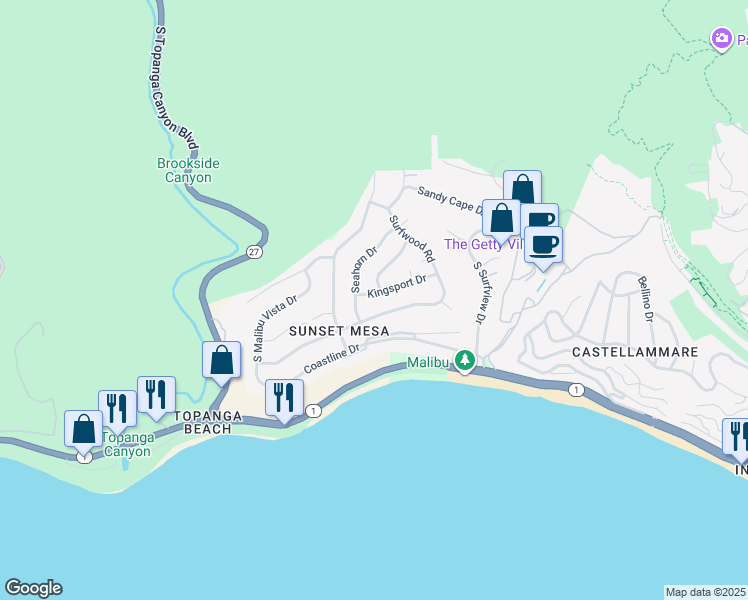 map of restaurants, bars, coffee shops, grocery stores, and more near 18208 Kingsport Drive in Malibu