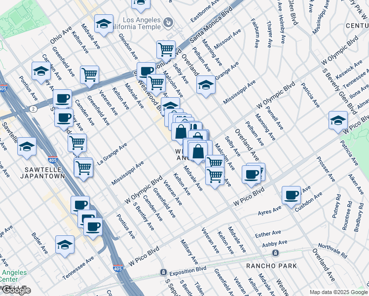 map of restaurants, bars, coffee shops, grocery stores, and more near 2139 Westwood Boulevard in Los Angeles