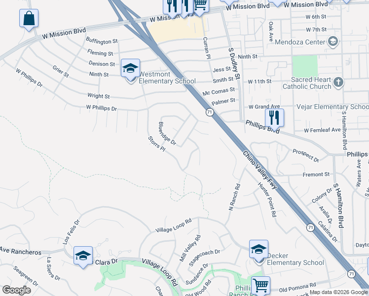 map of restaurants, bars, coffee shops, grocery stores, and more near 1274 Maple View Drive in Pomona