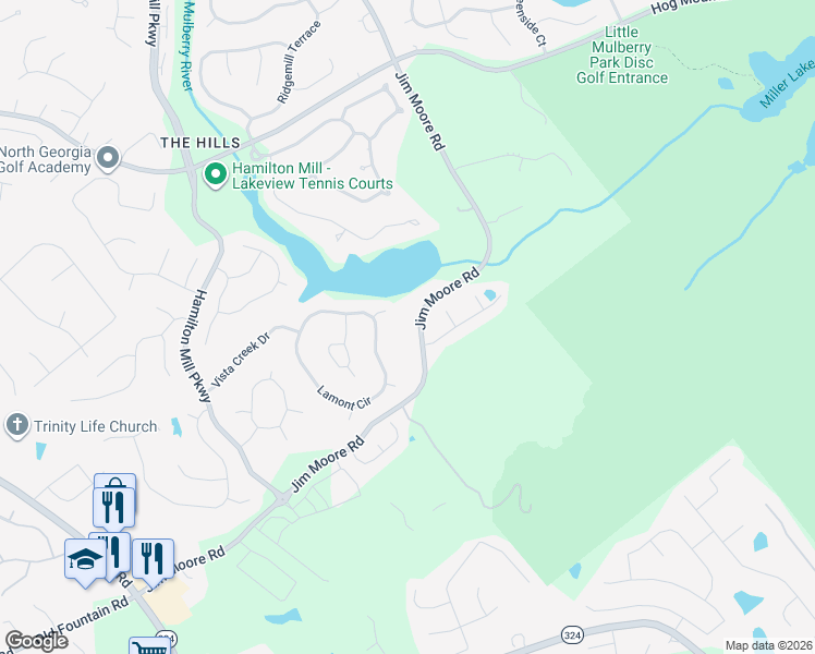 map of restaurants, bars, coffee shops, grocery stores, and more near 3401 Jim Moore Road in Dacula