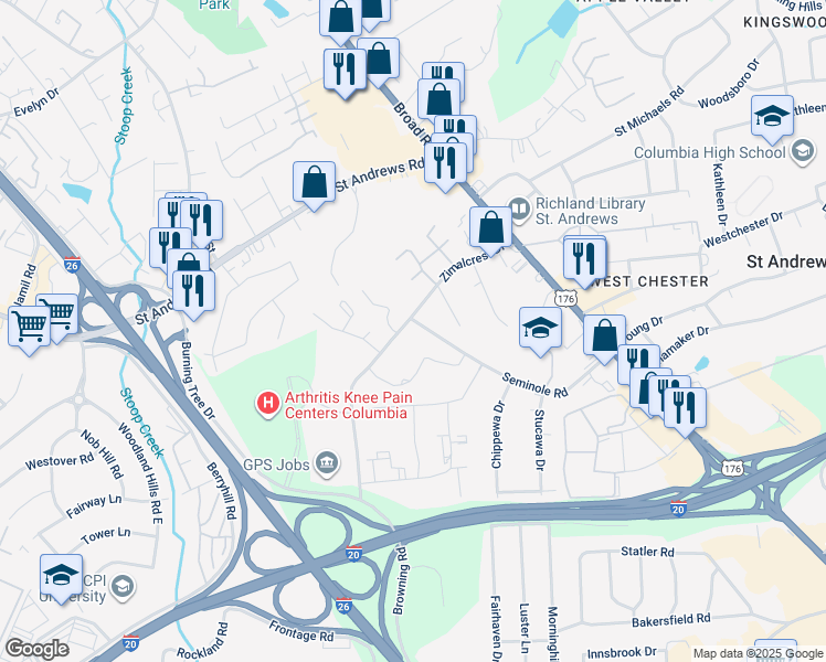 map of restaurants, bars, coffee shops, grocery stores, and more near 750 Zimalcrest Drive in Columbia