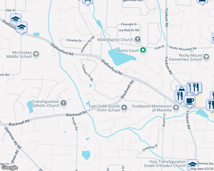 map of restaurants, bars, coffee shops, grocery stores, and more near 1946 North Woods Drive in Marietta