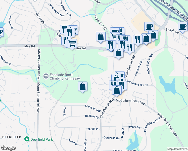 map of restaurants, bars, coffee shops, grocery stores, and more near 1048 Plantation Way in Kennesaw