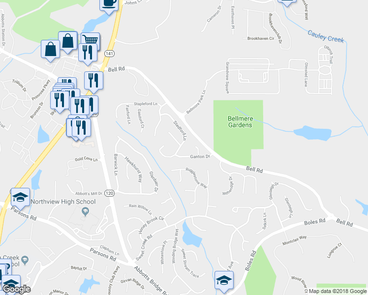 map of restaurants, bars, coffee shops, grocery stores, and more near 460 Stedford Lane in Duluth