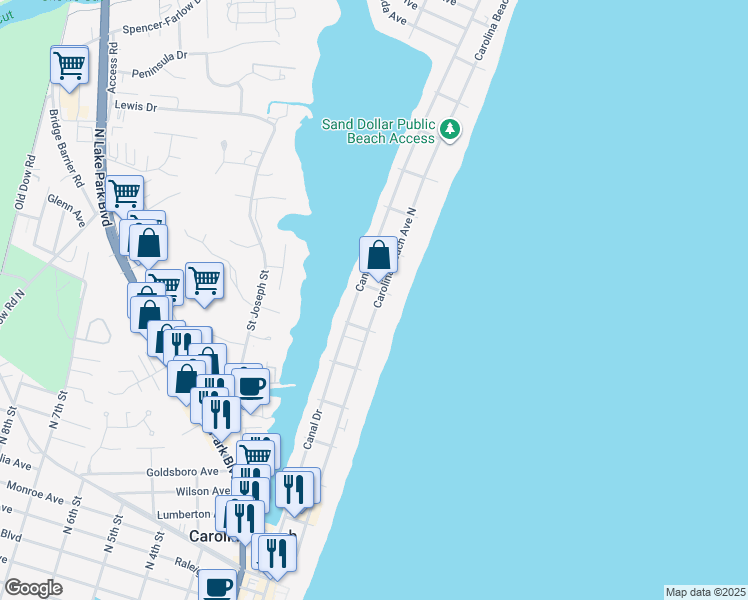 map of restaurants, bars, coffee shops, grocery stores, and more near 812 Carolina Beach Avenue North in Carolina Beach