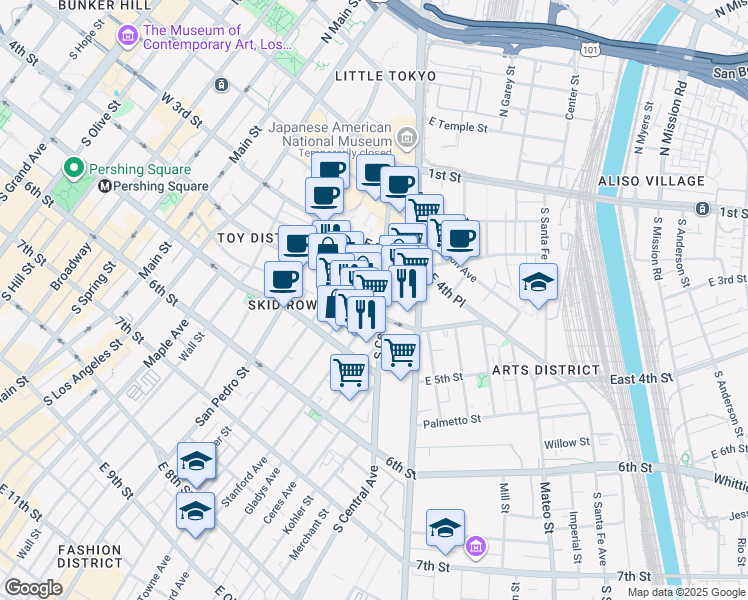 map of restaurants, bars, coffee shops, grocery stores, and more near in Los Angeles