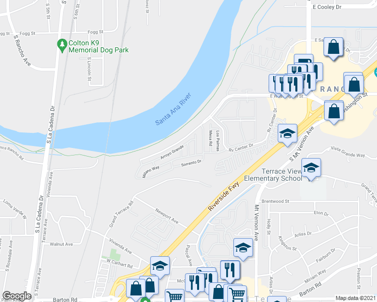 map of restaurants, bars, coffee shops, grocery stores, and more near 700 East Washington Street in Colton