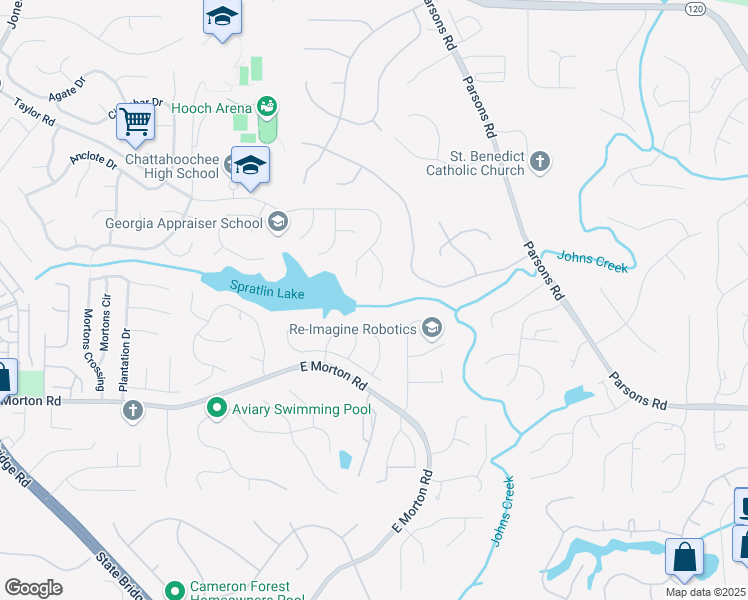 map of restaurants, bars, coffee shops, grocery stores, and more near 585 Windswept Way in Alpharetta