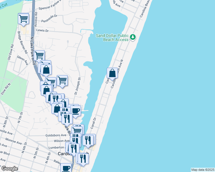 map of restaurants, bars, coffee shops, grocery stores, and more near 804 Canal Drive in Carolina Beach