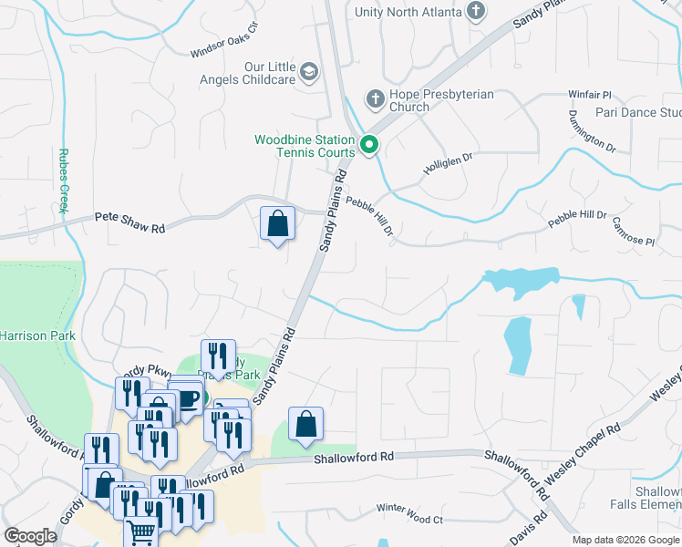 map of restaurants, bars, coffee shops, grocery stores, and more near 3850 Trade Wind Court in Marietta
