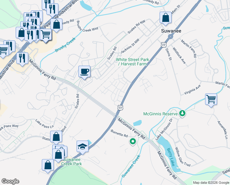 map of restaurants, bars, coffee shops, grocery stores, and more near 3881 White Lane Northwest in Suwanee