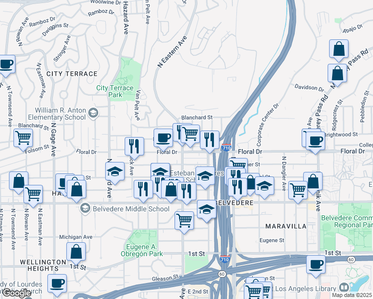 map of restaurants, bars, coffee shops, grocery stores, and more near 710 North Eastern Avenue in Los Angeles