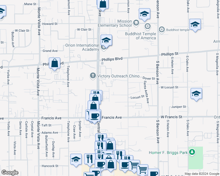 map of restaurants, bars, coffee shops, grocery stores, and more near 5372 Malibu Way in Chino