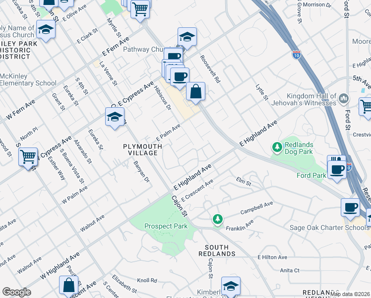map of restaurants, bars, coffee shops, grocery stores, and more near 230 Phlox Avenue in Redlands