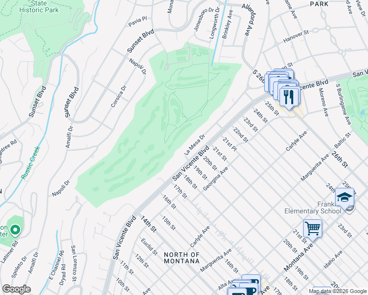 map of restaurants, bars, coffee shops, grocery stores, and more near 1911 La Mesa Drive in Santa Monica
