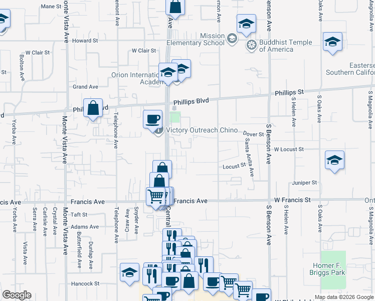 map of restaurants, bars, coffee shops, grocery stores, and more near 5366 Malibu Way in Chino