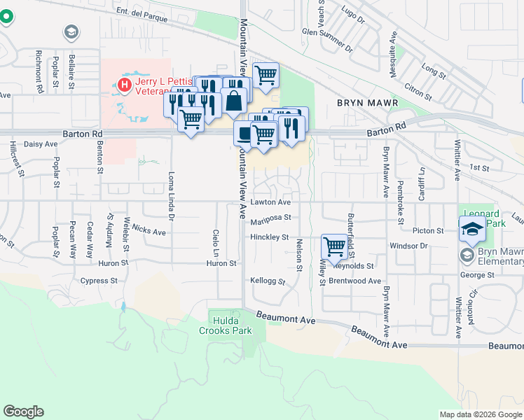 map of restaurants, bars, coffee shops, grocery stores, and more near 25728 Mariposa Street in Loma Linda