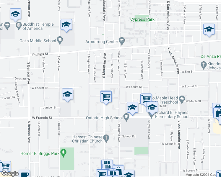 map of restaurants, bars, coffee shops, grocery stores, and more near 1625 South Mountain Avenue in Ontario