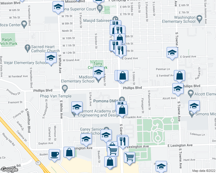 map of restaurants, bars, coffee shops, grocery stores, and more near 294 West Phillips Boulevard in Pomona