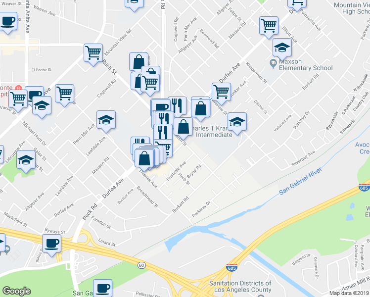 map of restaurants, bars, coffee shops, grocery stores, and more near 1936 Bunker Avenue in El Monte