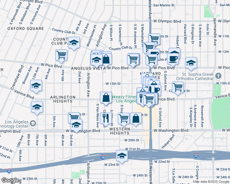 map of restaurants, bars, coffee shops, grocery stores, and more near 1546 South Wilton Place in Los Angeles