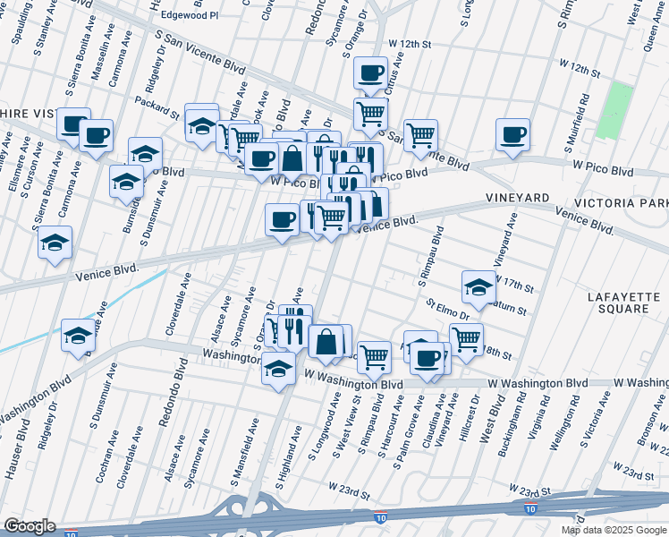 map of restaurants, bars, coffee shops, grocery stores, and more near 4906 Saint Elmo Drive in Los Angeles