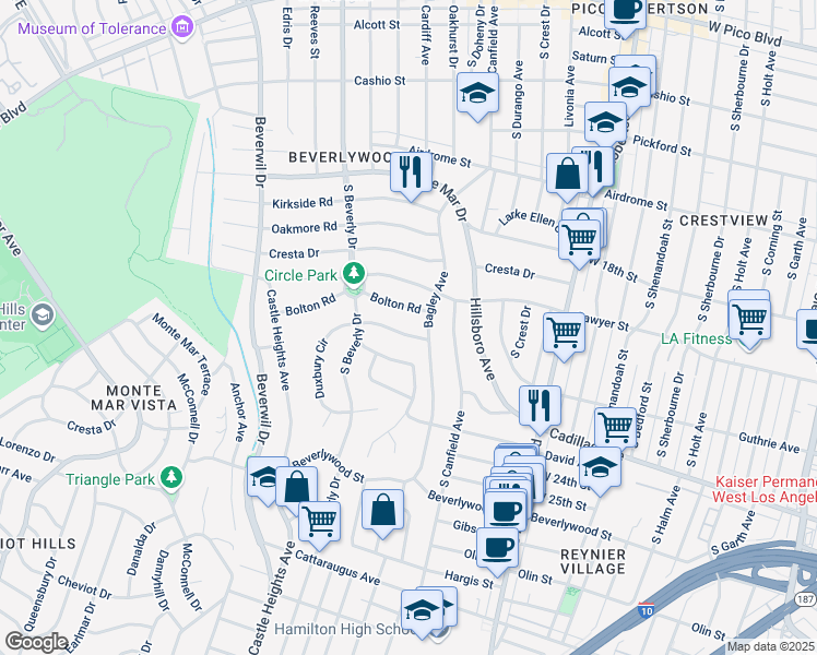 map of restaurants, bars, coffee shops, grocery stores, and more near 9354 Duxbury Road in Los Angeles