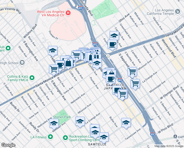 map of restaurants, bars, coffee shops, grocery stores, and more near 11360 Iowa Avenue in Los Angeles