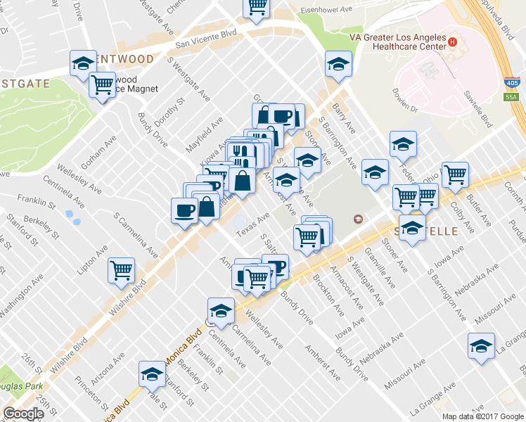 map of restaurants, bars, coffee shops, grocery stores, and more near 1301 Brockton Avenue in Los Angeles