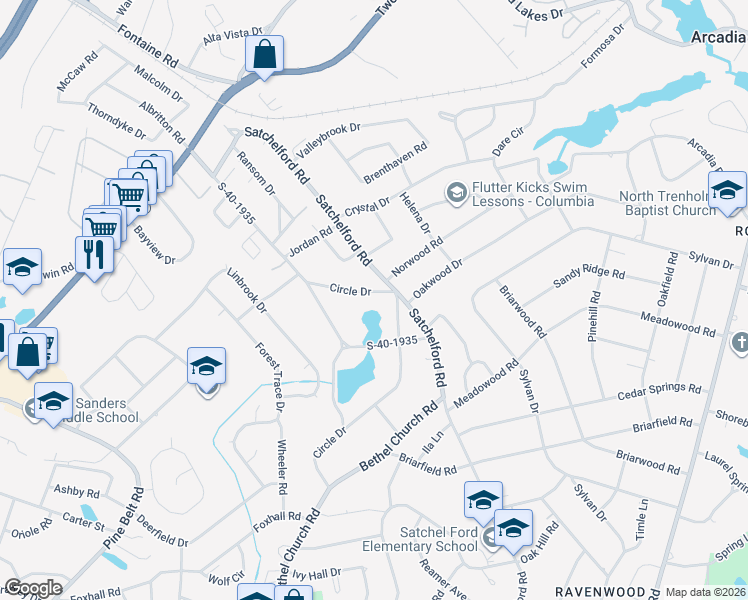 map of restaurants, bars, coffee shops, grocery stores, and more near 5211 Circle Drive in Columbia