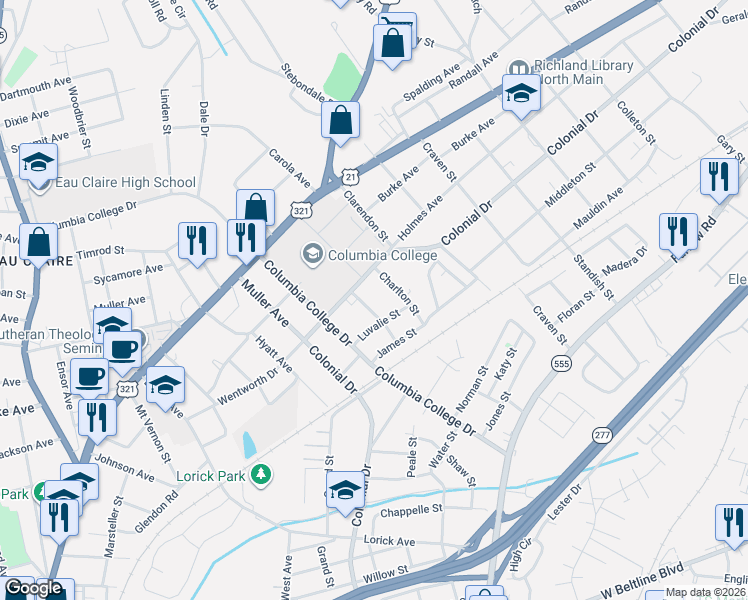 map of restaurants, bars, coffee shops, grocery stores, and more near 1512 Cleveland Street in Columbia