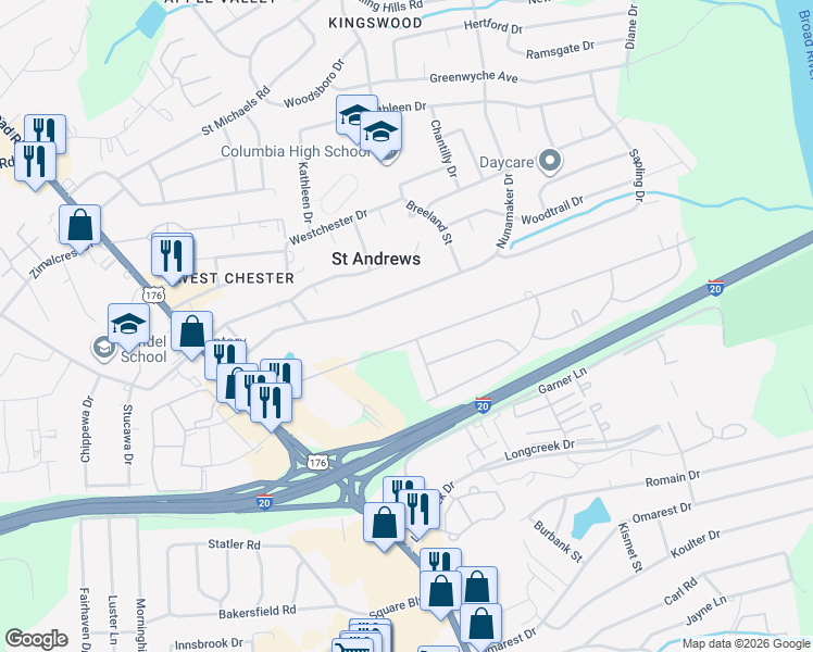 map of restaurants, bars, coffee shops, grocery stores, and more near 1519 Marley Drive in Columbia
