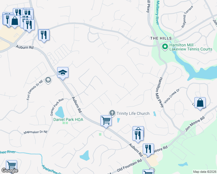map of restaurants, bars, coffee shops, grocery stores, and more near 3060 McCannon Mill Drive in Dacula