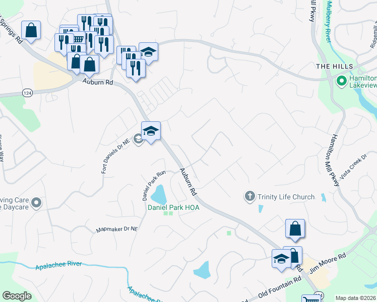 map of restaurants, bars, coffee shops, grocery stores, and more near 1665 Burnt Oak Way Northeast in Dacula