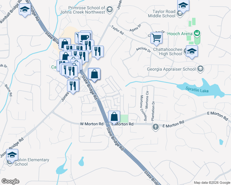 map of restaurants, bars, coffee shops, grocery stores, and more near 4806 Abberley Lane in Alpharetta