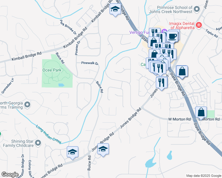 map of restaurants, bars, coffee shops, grocery stores, and more near 255 Broken Lance Place in Alpharetta