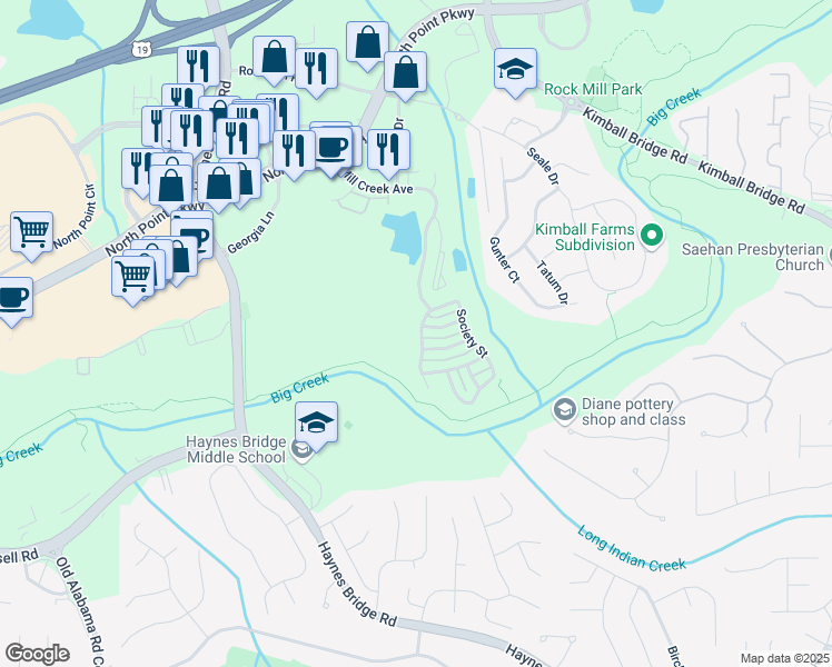 map of restaurants, bars, coffee shops, grocery stores, and more near 230 Society Street in Alpharetta